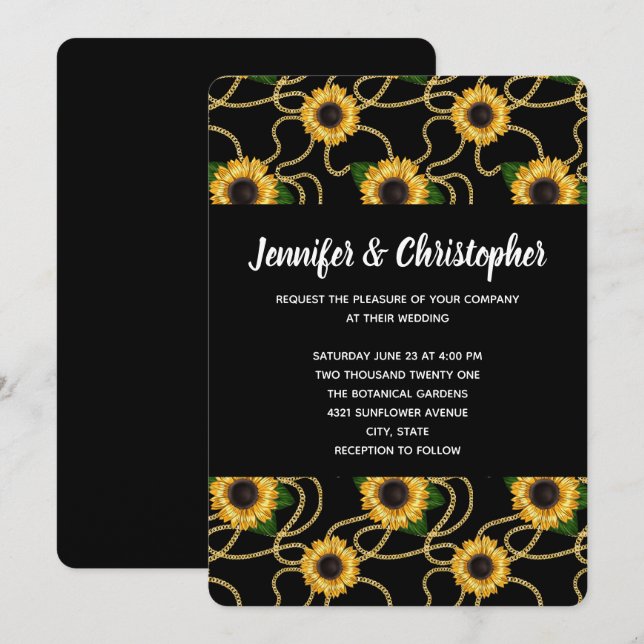 Invitation Joli Motif de tournesols jaunes sur Mariage noir (Devant / Derrière)