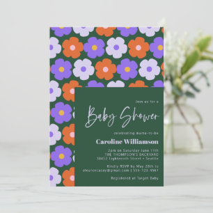 Invitation Joli Motif Fleur Rétro Baby shower vert violet