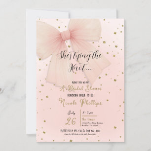 Invitation Joli Nœud en Tulle Rose Confettis Dorés Mariage Sh