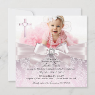 Invitation Joli nœud et photo de croix Baptême rose