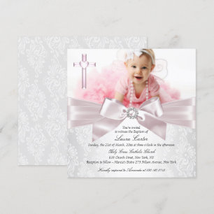 Invitation Joli nœud rose Croix Photo Baptême