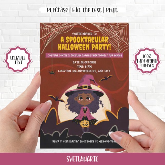 Invitation Joli noir Africain Américain Halloween sorcière fi (Cute Little Black African American Witch Halloween Invitation)
