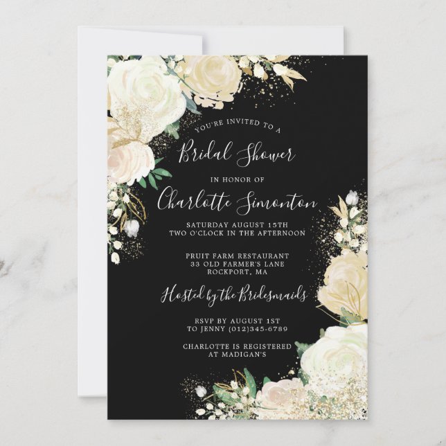 Invitation Joli noir blanc Rose Fête des mariées florale (Devant)