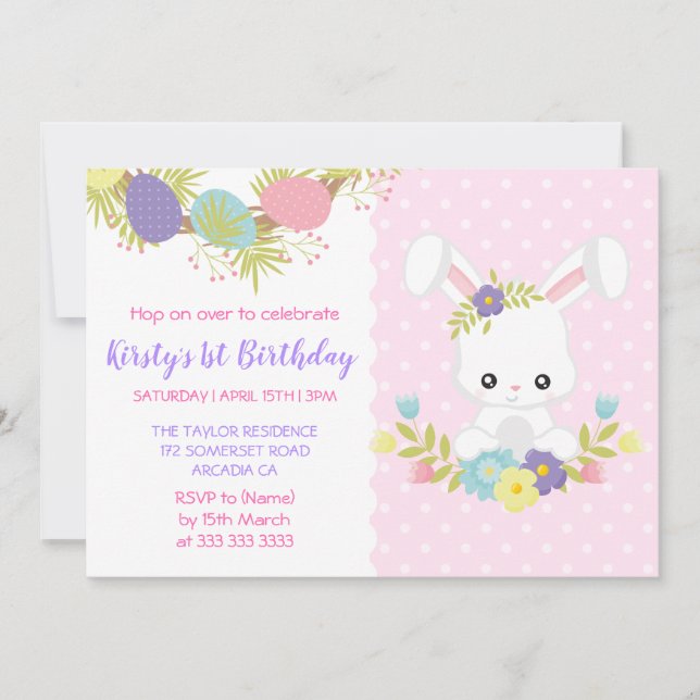 Invitation Joli Oeufs De Lapin De Pâques Fleurs Anniversaire  (Devant)