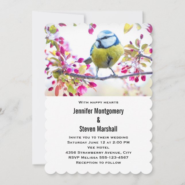 Invitation Joli oiseau bleu et jaune sur un Mariage de branch (Devant)