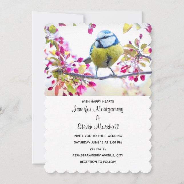 Invitation Joli oiseau bleu et jaune sur un Mariage de branch (Devant)