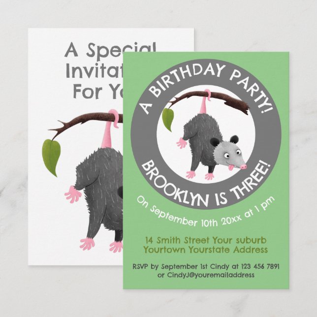 Invitation Joli opossum personnalisées dessin animé anniversa (Devant / Derrière)