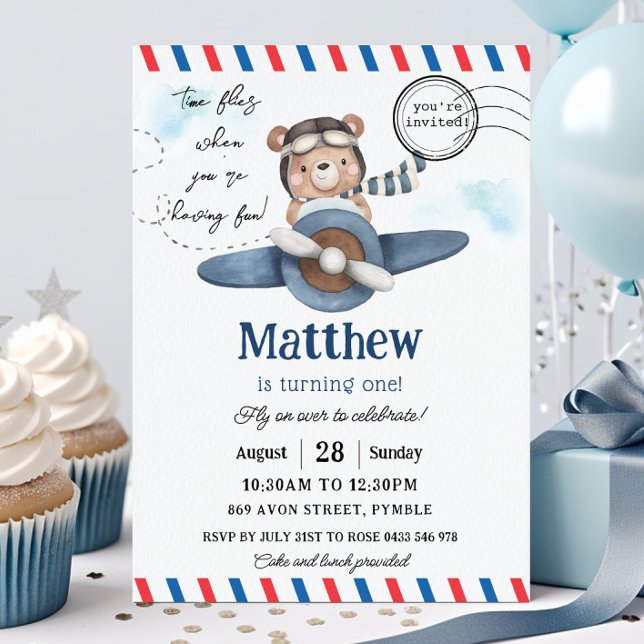 Invitation Joli Ours Avion Bleu Le Temps Passe Un 1er Anniver (cute bear riding a dusty blue vintage plane 1st birthday party invitation card printed and digital)