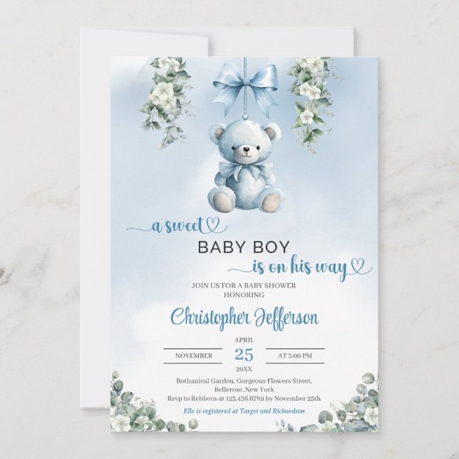 Invitation Joli ours bleu en peluche eucalyptus Baby shower g (Devant)