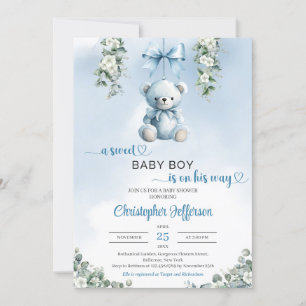 Invitation Joli ours bleu en peluche eucalyptus Baby shower g