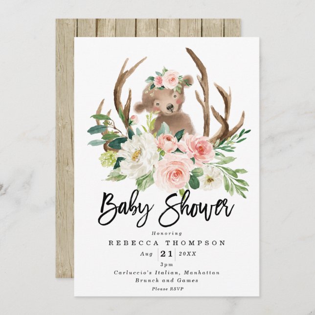 Invitation joli ours boho baby shower moderne fleuri (Devant / Derrière)