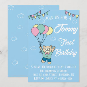 Invitation Joli Ours Brown Hot Air Balloon Boy Anniversaire