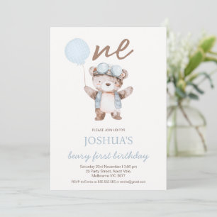 Invitation Joli Ours Brun Bleu Premier Anniversaire Ours Anni