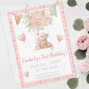Invitation Joli ours en peluche à carreaux roses Anniversaire