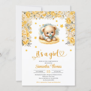 Invitation Joli ours en peluche fleurs jaunes fille baby show