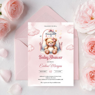 Invitation Joli ours en peluche rose fille en aquarelle dans 