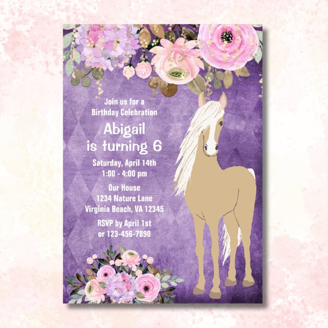 Invitation Joli Palomino Cheval rose violet Floral Anniversai (Front - Pretty Palomino Horse Pink Purple Floral Birthday Invitation)