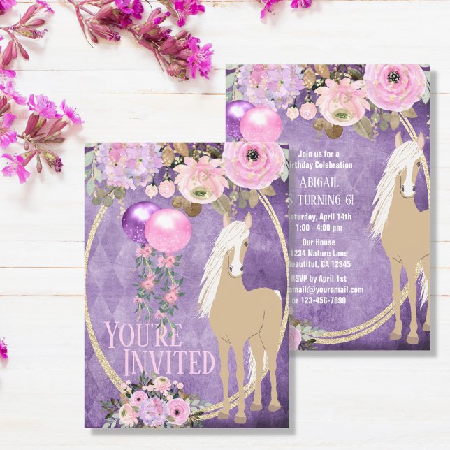 Invitation Joli Palomino rose violet Fleurs Cheval Anniversai (Créateur téléchargé)