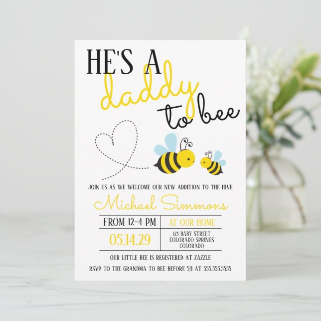 Invitation Joli papa jaune à Baby shower d'abeille (Debout devant)