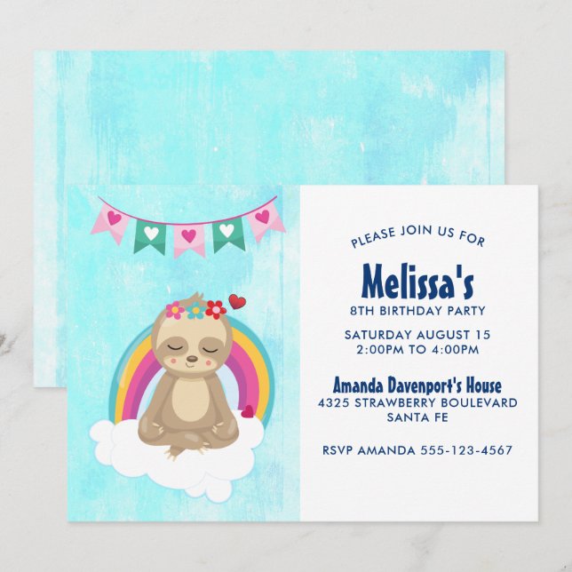 Invitation Joli paresseux méditant avec un anniversaire arc-e (Devant / Derrière)