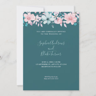Invitation Joli pays rose et bleu Floral Turquoise Mariage