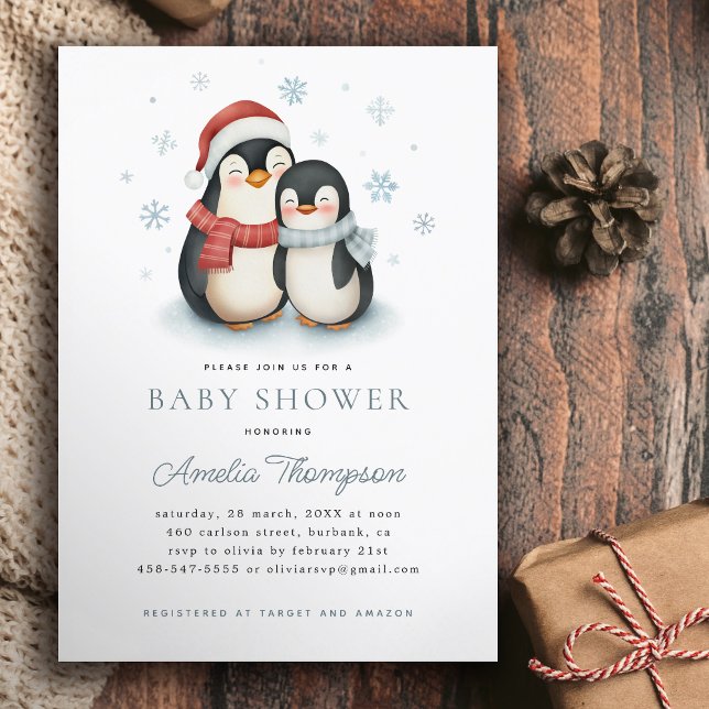 Invitation Joli Penguin d'hiver Famille Baby shower de Noël (Créateur téléchargé)