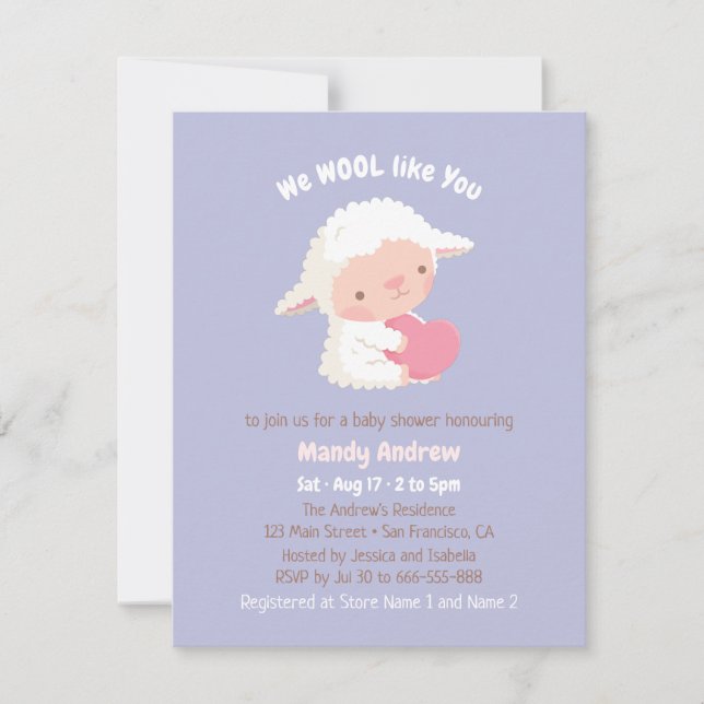 Invitation Joli petit agneau accroupissant Baby shower coeur (Devant)