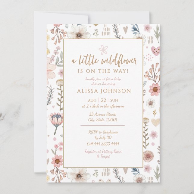 Invitation Joli Petit Baby shower Fleur sauvage (Devant)