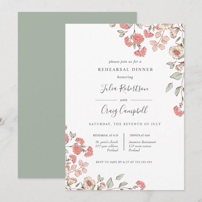 Invitation Joli petit bouquet de fleurs Blush Répétition Dîne (Devant / Derrière)