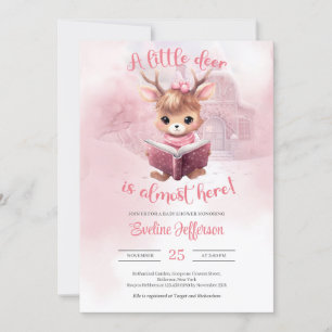 Invitation Joli petit cerf rose lire un livre forêt d'hiver