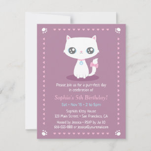 Invitation Joli Petit Chat Blanc Avec Ruban Rose Pour Anniver