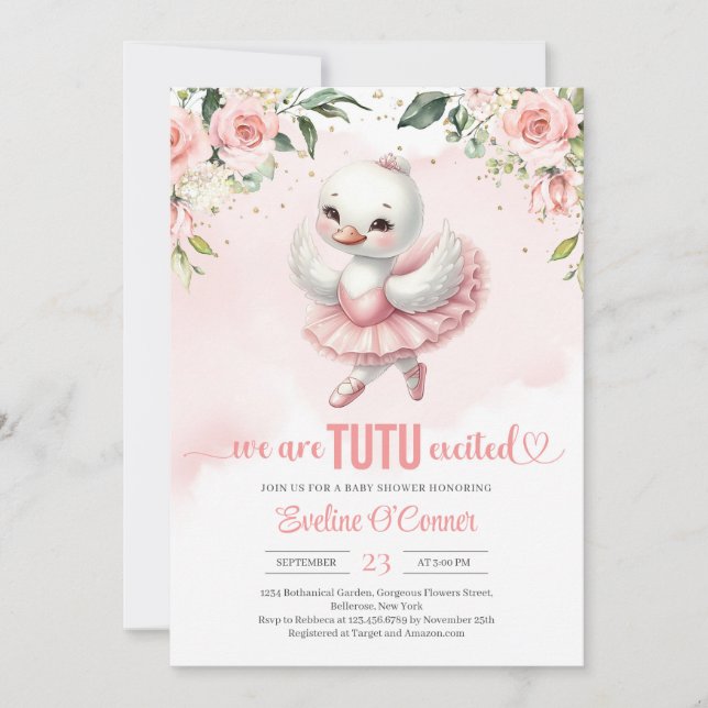 Invitation Joli petit cygne avec tutu robe or éclatant (Devant)