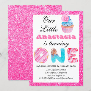 Invitation Joli petit gâteau rose pailleté 1er anniversaire