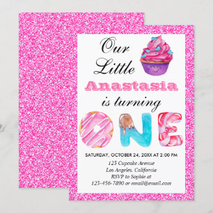 Invitation Joli petit gâteau rose pailleté 1er anniversaire