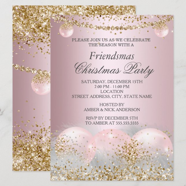 Invitation Joli Pink Gold Bauble amis Fête de Noël (Devant / Derrière)