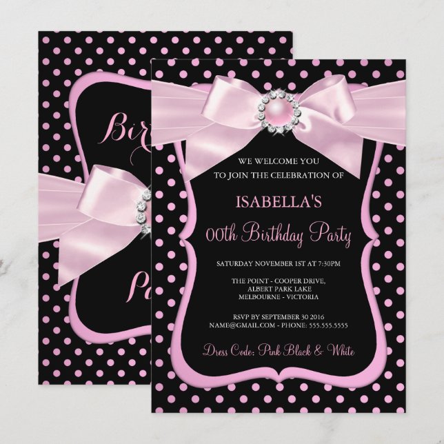 Invitation Joli Pink Pearl Bow Black Polka Point Anniversaire (Devant / Derrière)