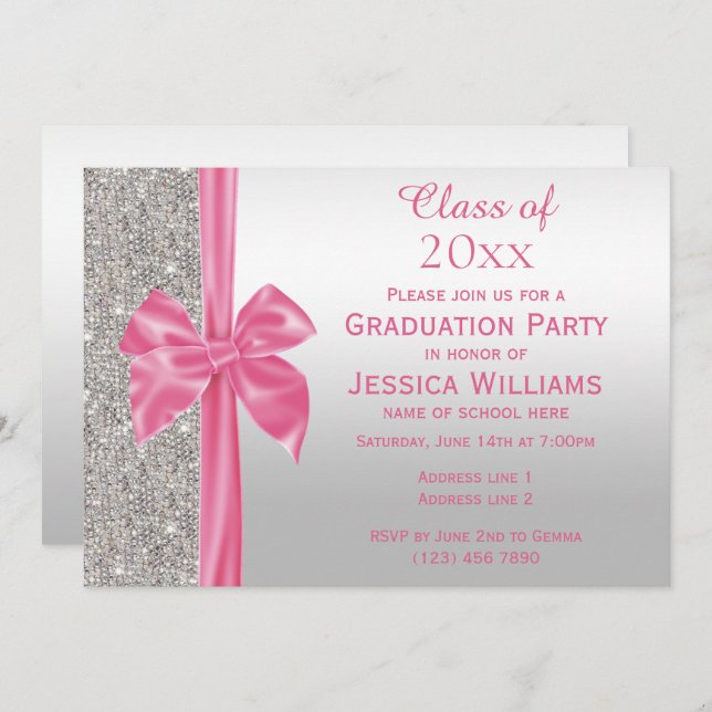 Invitation Joli Pretty Rose Soie Bow & Silver Sequins Graduat (Devant / Derrière)