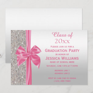 Invitation Joli Pretty Rose Soie Bow & Silver Sequins Graduat