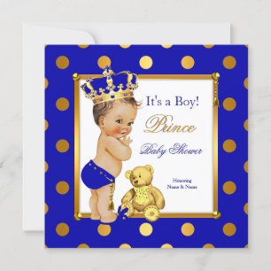 Invitation Joli Prince Bébé Shower Garçon Bleu Royal Or Brune