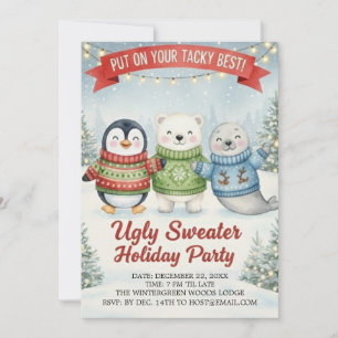 Invitation Joli pull moche de fête de Noël pingouin ours pola
