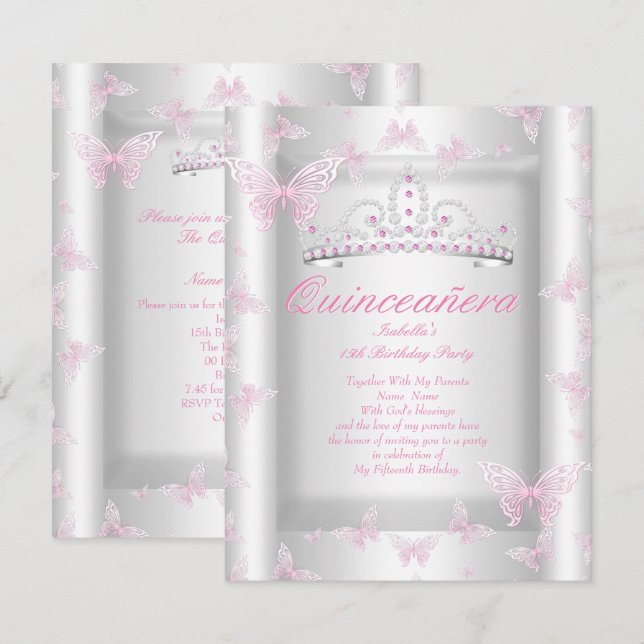 Invitation Joli Quinceanera rose Parti Tiara Butterfly (Devant / Derrière)