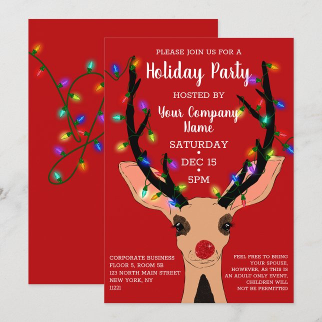 Invitation Joli Red Reindeer Lumières Fête d'entreprise (Devant / Derrière)