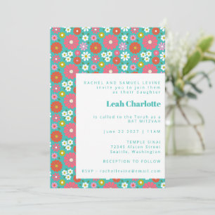 Invitation Joli Retro 60s Fleurs Bat mitzvah Turquoise