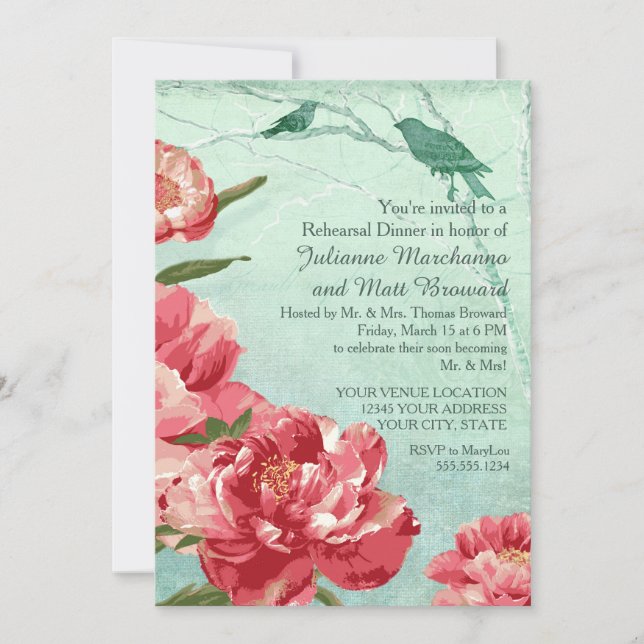 Invitation Joli Retro Flower Rehearsal Diner Peony & Birds (Devant)