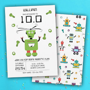 Invitation Joli Robot Vert Thème Robots Enfants Fête d'annive