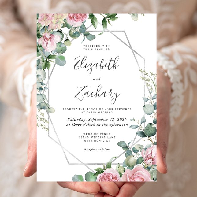 Invitation Joli rose Aquarelle Floral Argent Mariage (Créateur téléchargé)