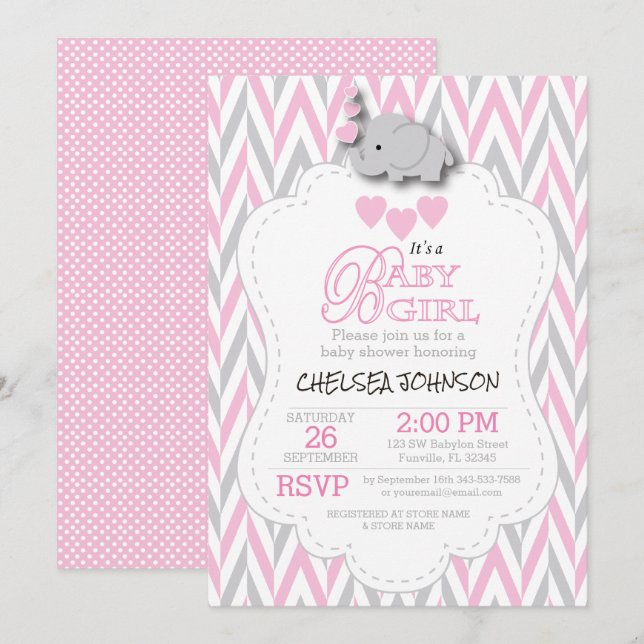 Invitation Joli rose, blanc gris éléphant Baby shower 2 (Devant / Derrière)