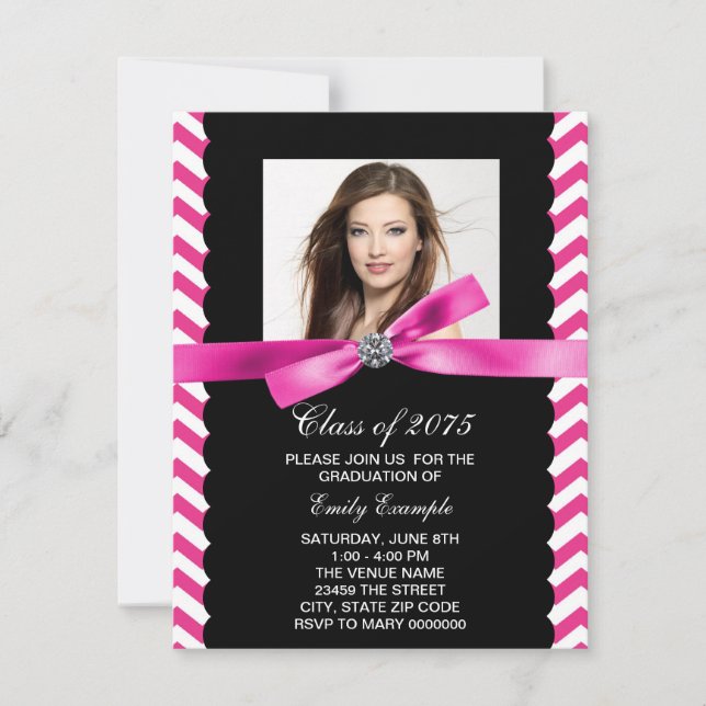 Invitation Joli rose Chevron Photo Graduation (Devant)