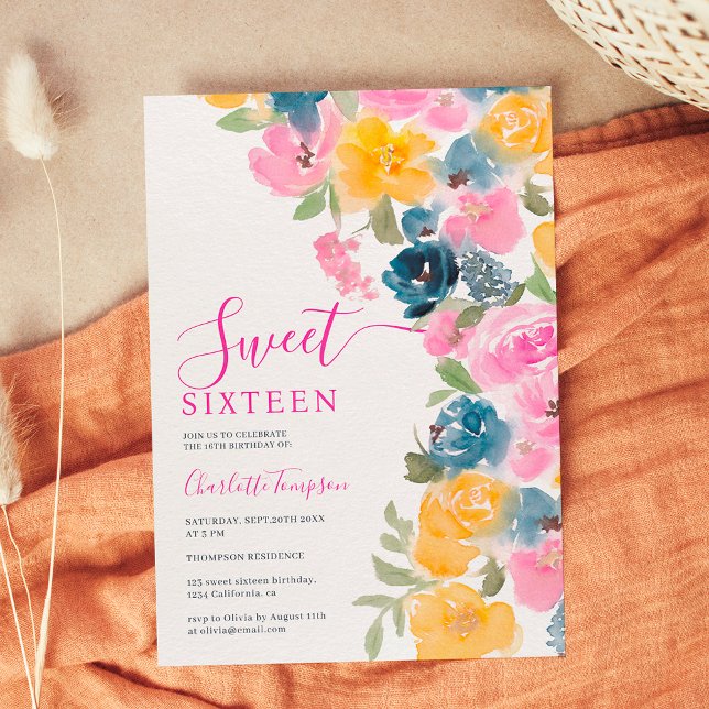 Invitation Joli rose chic fleurs sauvages floral chic doux 16 (Pretty pink chic wild flowers floral chic sweet 16 invitation)