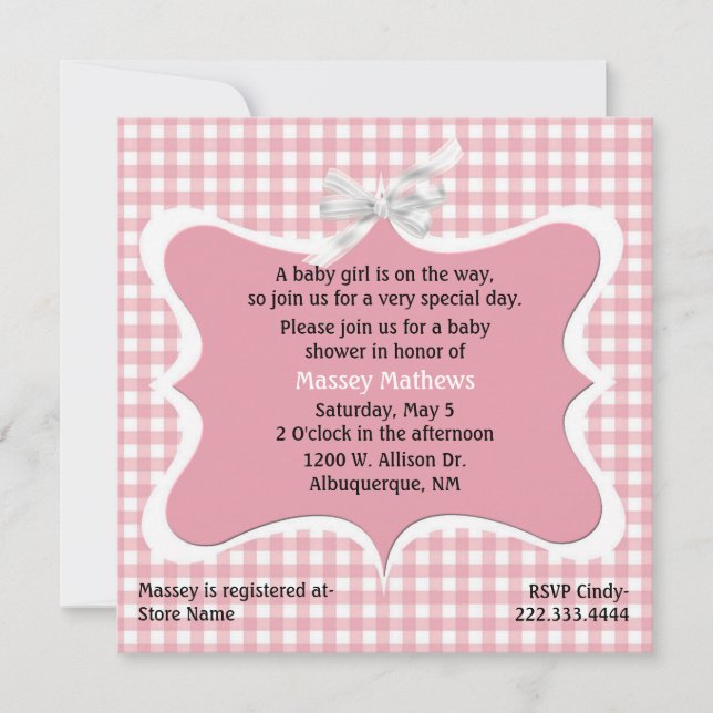 Invitation Joli rose En vichy Personnalisé Baby shower Invita (Devant)